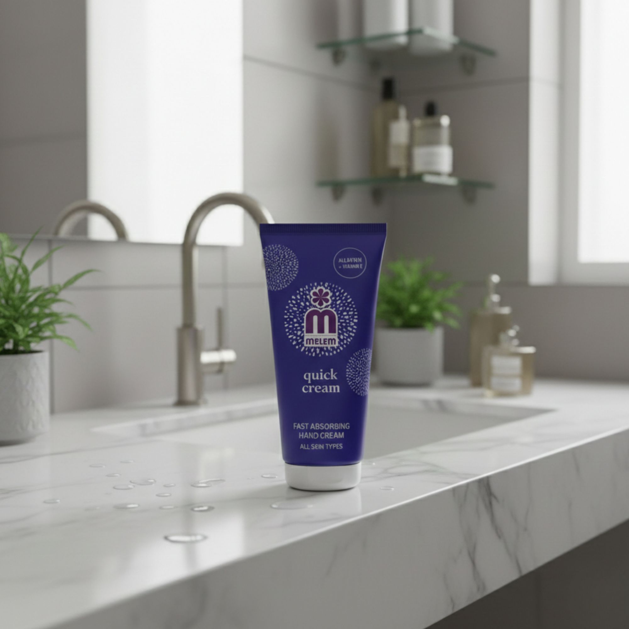 Tubo blu "melem quick cream" su lavandino. Testo: "Fast absorbing hand cream". Contiene Allantoina e Vitamina E. Sfondo bagno.