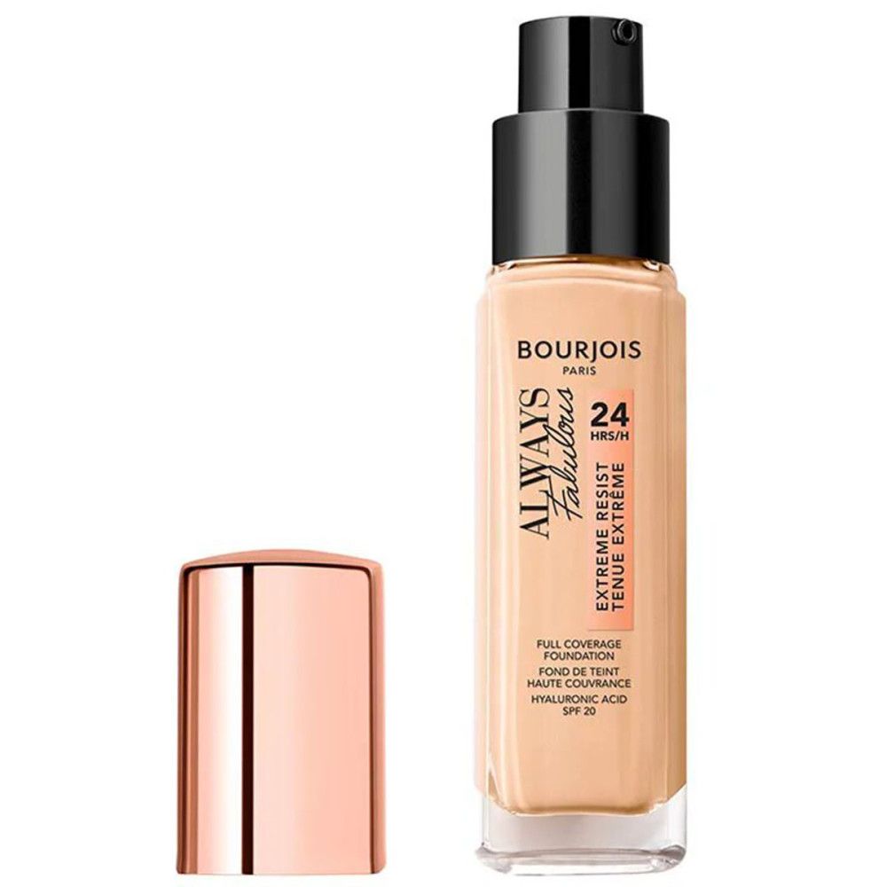 Flacone di fondotinta con erogatore nero e tappo oro rosa. Scritta: Always Fabulous, 24H, Extreme Resist.