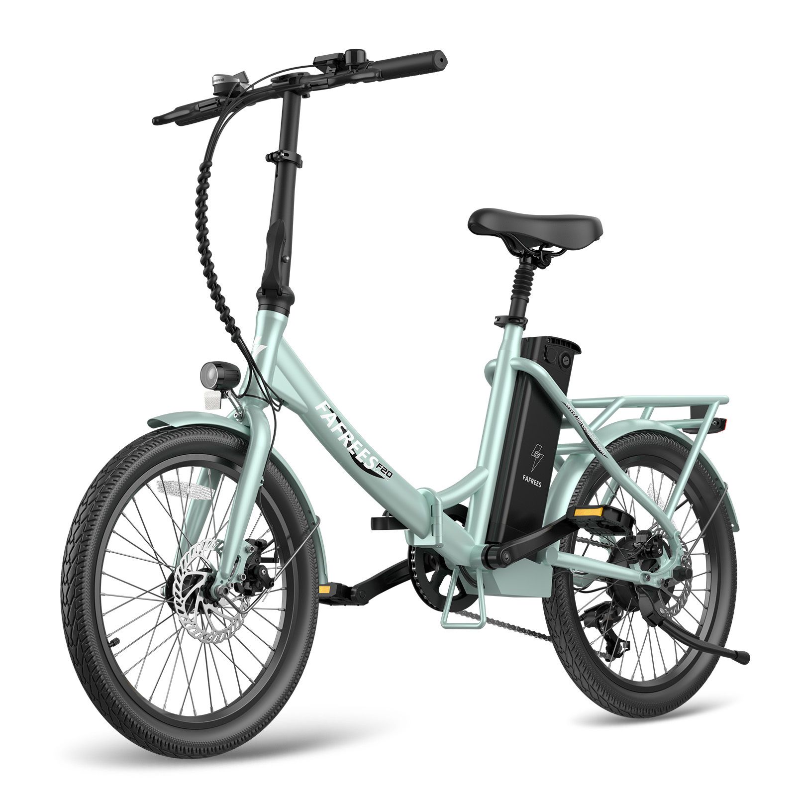 E-bike Fafrees F20 verde chiaro. Pneumatici, sella e manubrio neri. Batteria sul telaio. Portapacchi posteriore.