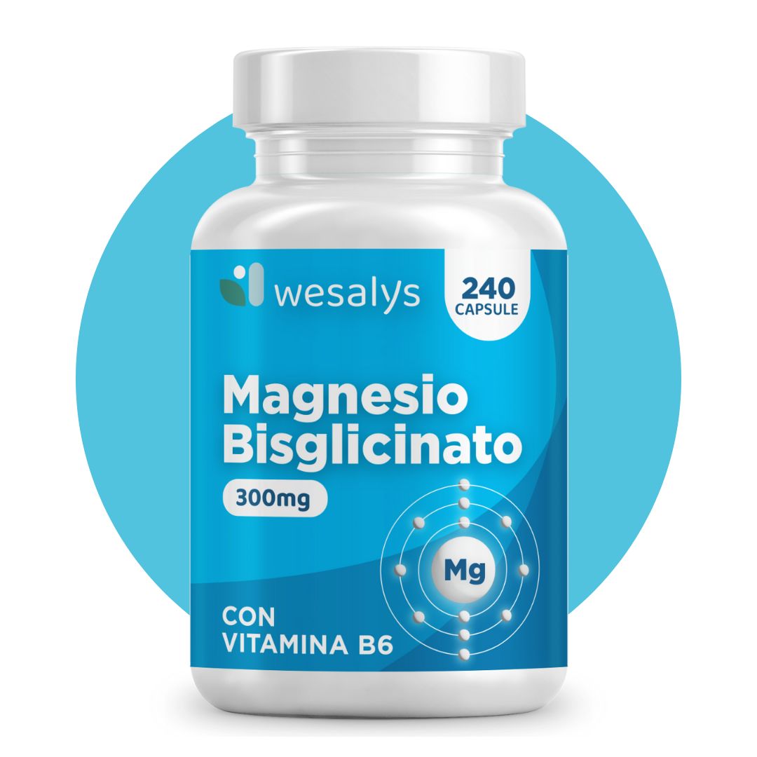 Flacone bianco con etichetta blu. Scritta: Magnesio Bisglicinato, 300mg, CON VITAMINA B6. 240 capsule.