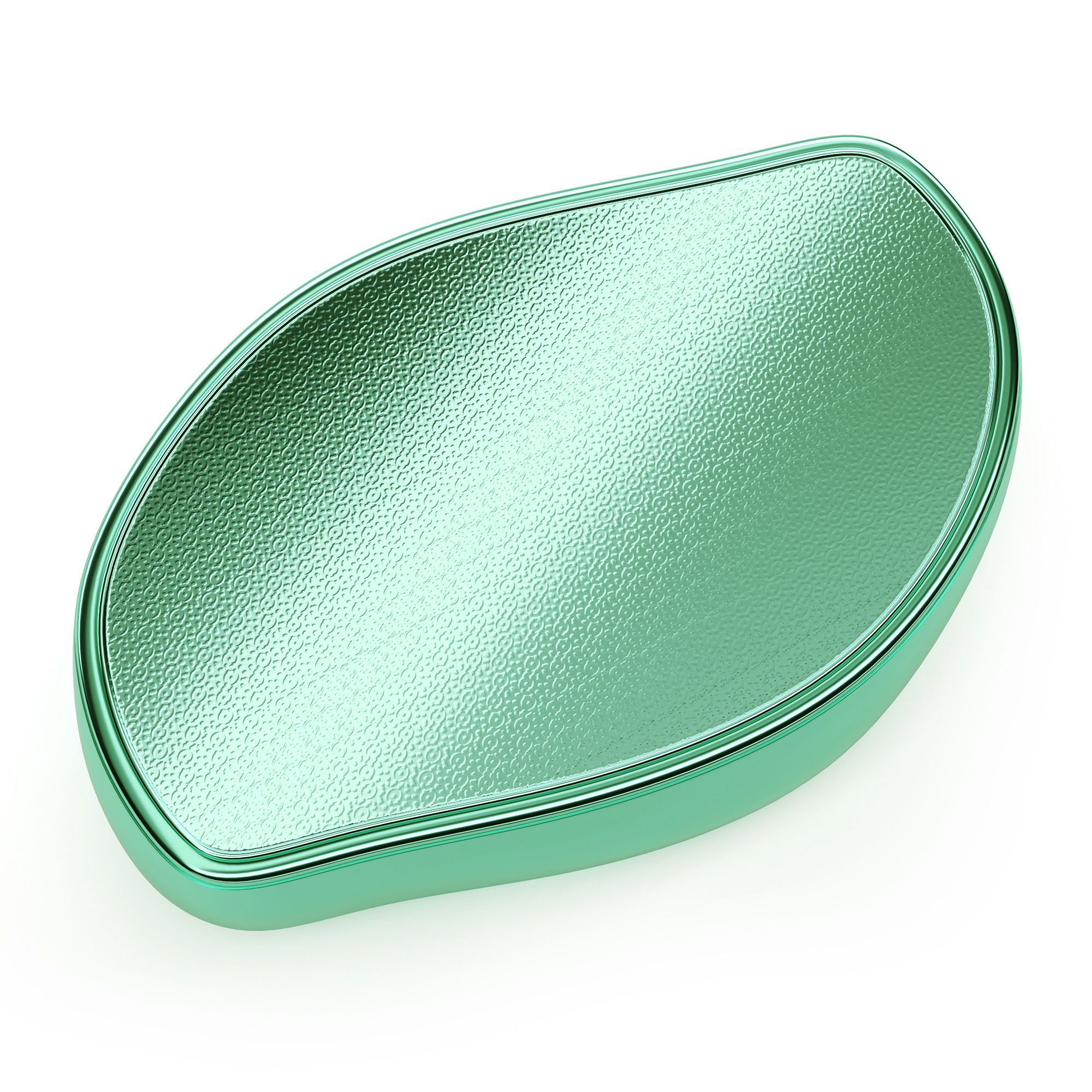 Dispositivo verde ovale per la cura dei piedi. Superficie lucida con texture a coste e bordo.