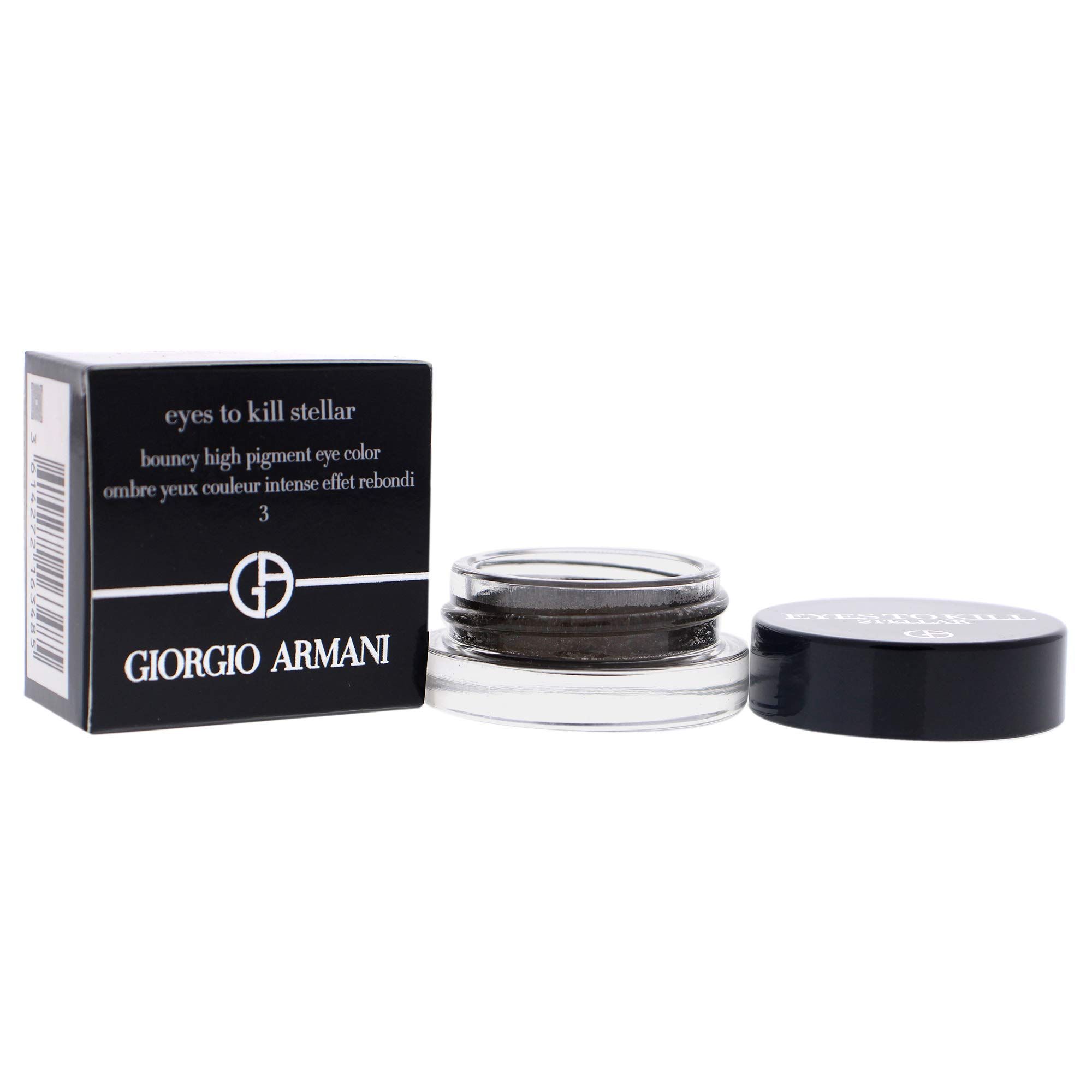 Giorgio Armani Eyes to Kill Stellar 03. Vasetto nero con coperchio e confezione. Nome del prodotto e marchio visibili.
