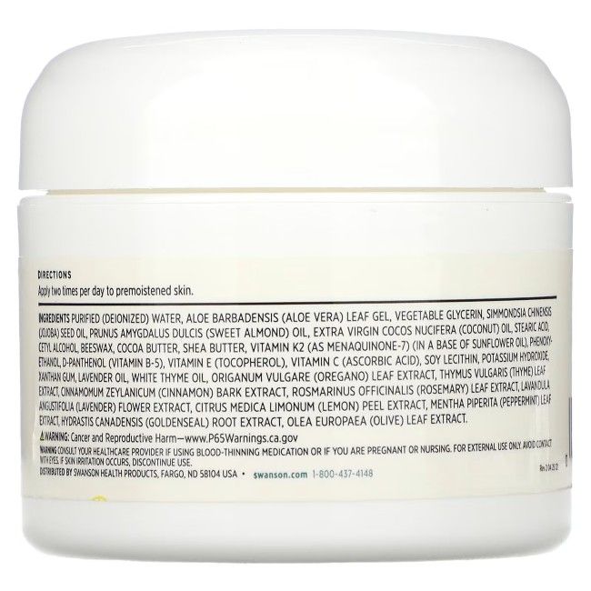 Retro del vasetto di crema. Contiene ingredienti e istruzioni per l'uso. Avvertenza: può causare cancro e danni riproduttivi.