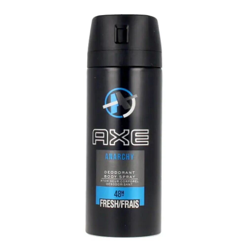 Bomboletta spray deodorante nera con dettagli blu. Logo e scritta "AXE Anarchy". Scritta "48h FRESH/FRAIS".