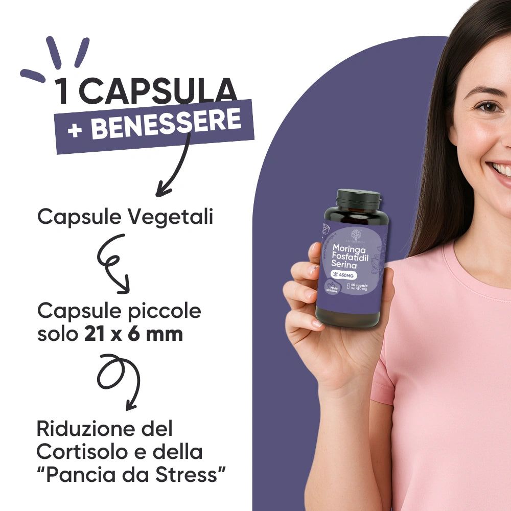 Donna tiene in mano un flacone del prodotto. Testo: 1 capsula + benessere. Capsule, 21 x 6 mm. Riduzione del cortisolo e della Pancia da Stress.