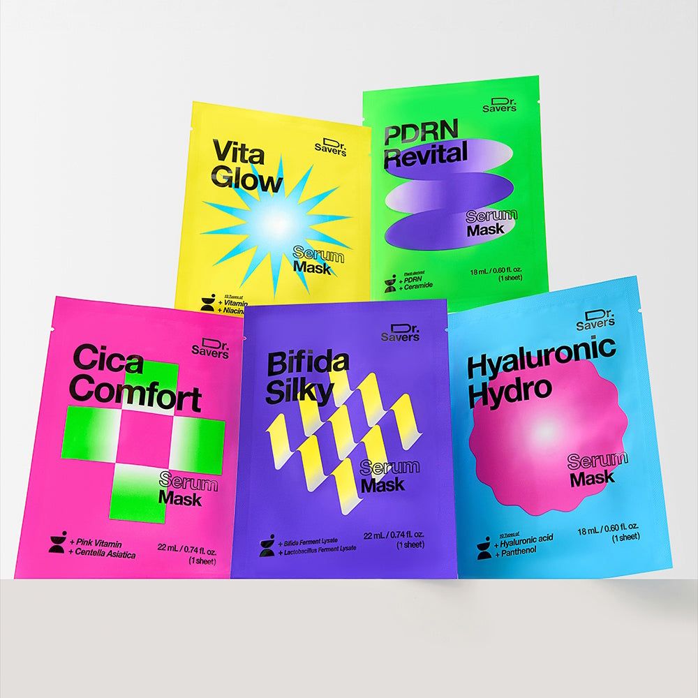 Cinque bustine diverse di maschere siero: Vita Glow, PDRN Revital, Cica Comfort, Bifida Silky, Hyaluronic Hydro.