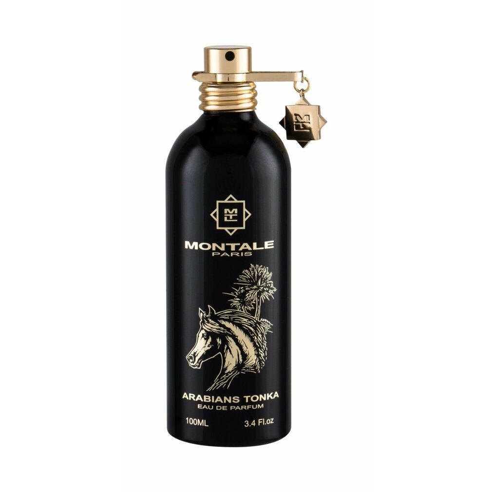 Flacone nero con tappo dorato. Scritta Montale, Arabians Tonka. Illustrazione di un cavallo.