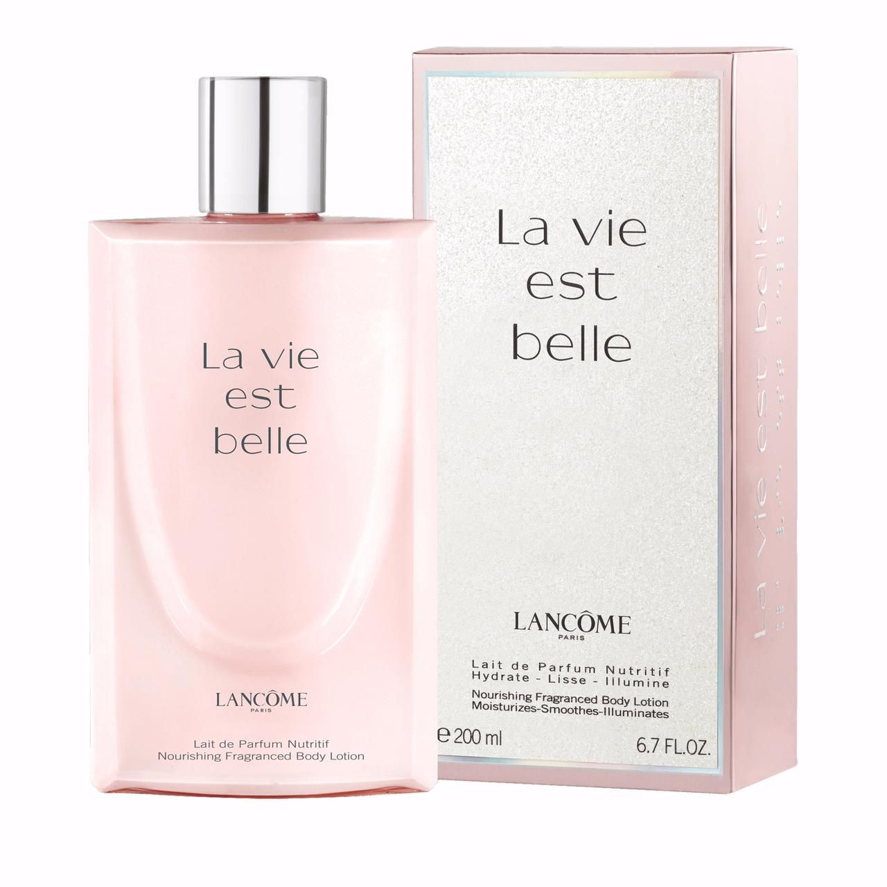 Flacone di lozione per il corpo rosa e scatola. Scritta: La vie est belle e Lancôme. Con testo.