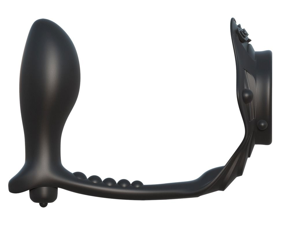 C-Ring nero con proiettile vibrante esterno e plug anale, vista laterale.