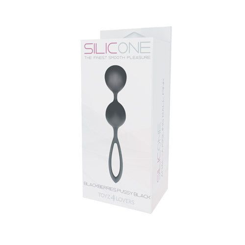 Confezione prodotto con palle di Kegel nere. Testo: SILICONE, BLACKBERRIES PUSSY BLACK, TOYZ-4 LOVERS.