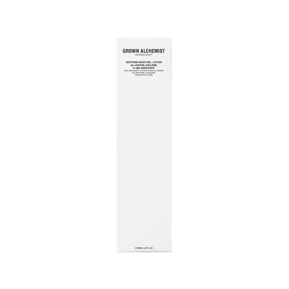 Confezione Grown Alchemist Soothing Body Gel-Lotion, scatola bianca, vista frontale.