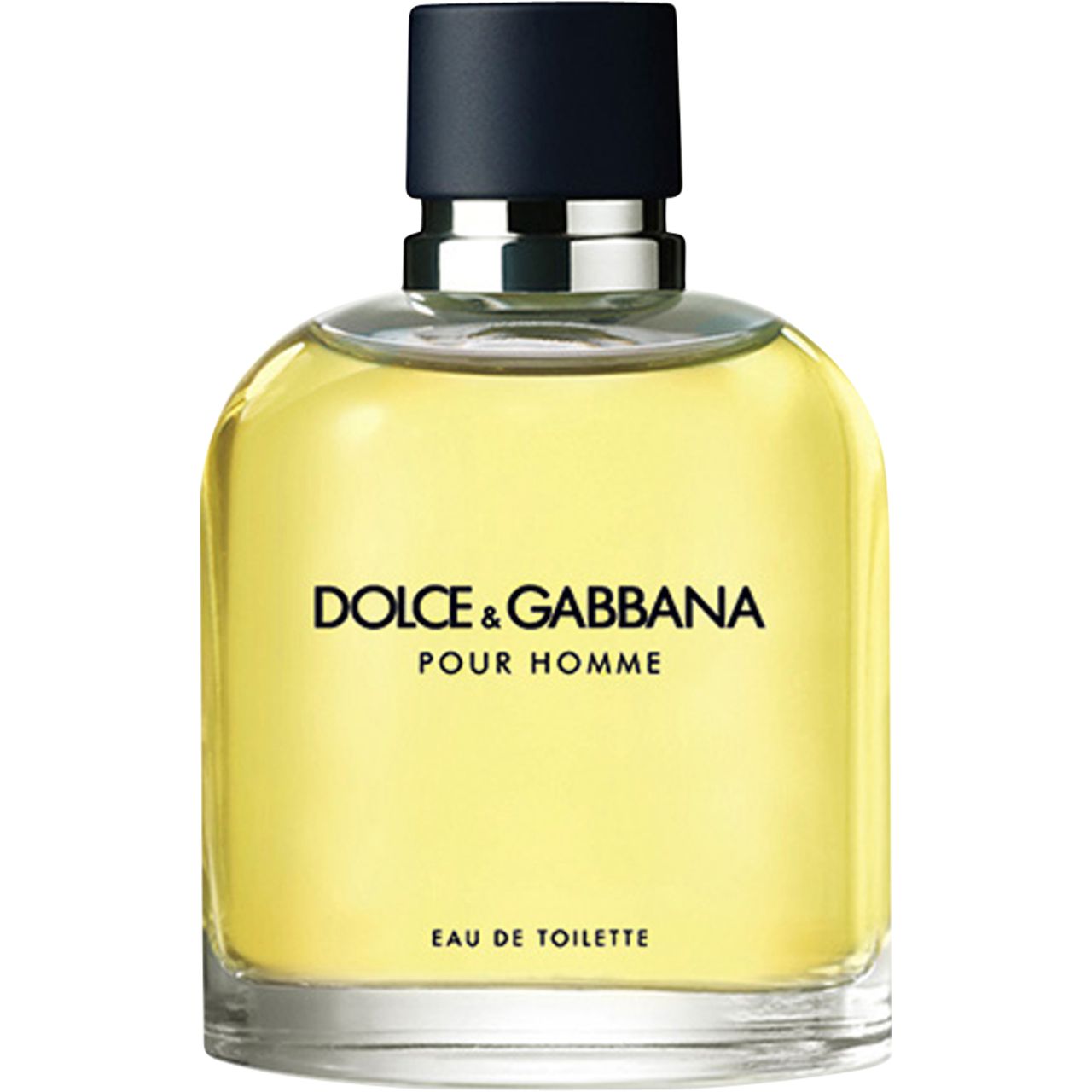 Flacone in vetro di Dolce & Gabbana Pour Homme EdT. Tappo nero. Liquido giallastro. Scritta nera: marchio, nome prodotto e 'Eau de Toilette'.