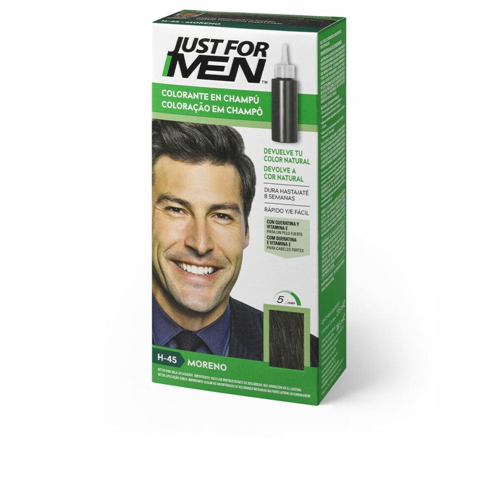 Scatola di tinta per capelli "JUST FOR MEN". Immagine di uomo. Testo: "Colorante en champú". Colore: H-45 Moreno.