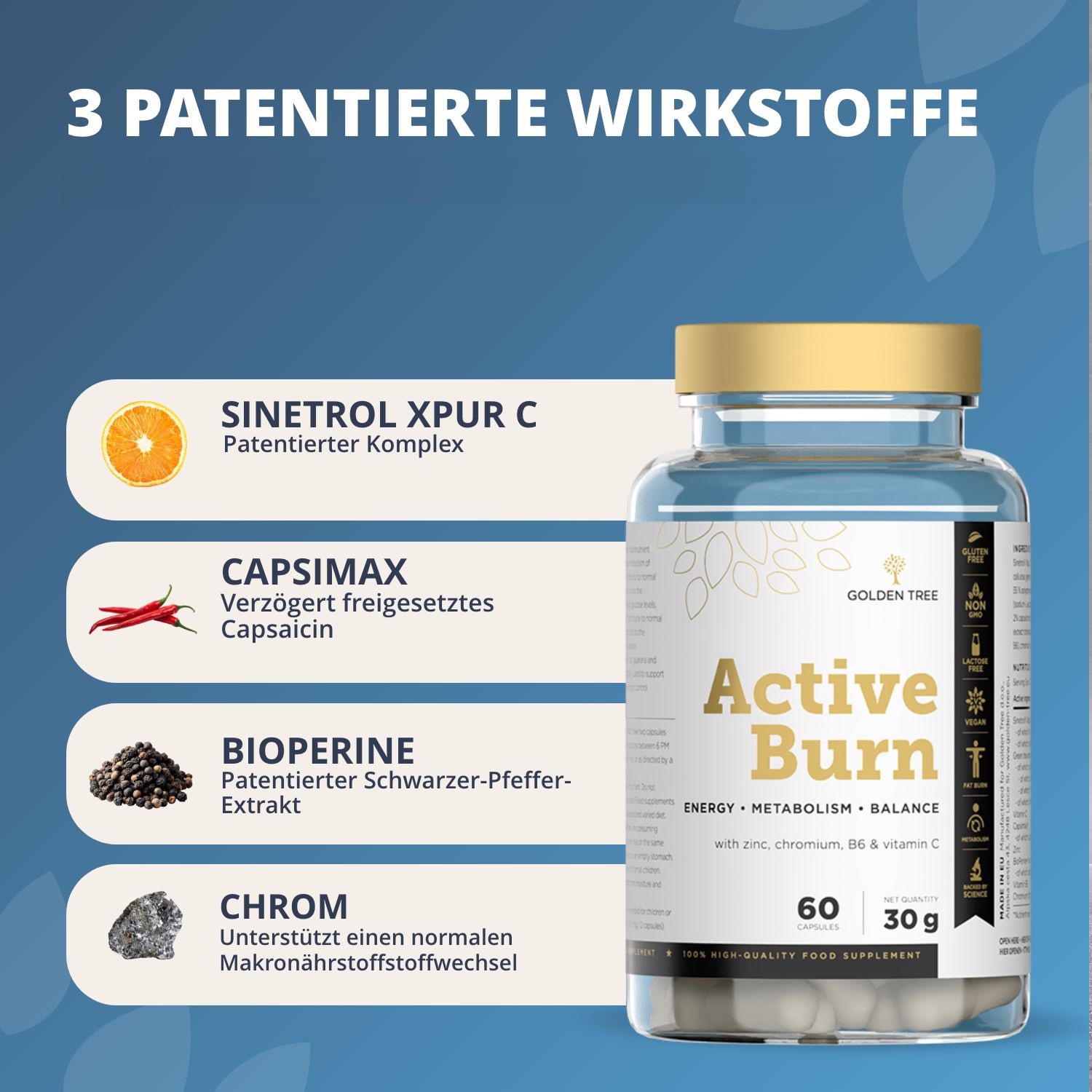 Flacone di capsule Golden Tree Active Burn, accanto a ingredienti come arancia, peperoncino e pepe.