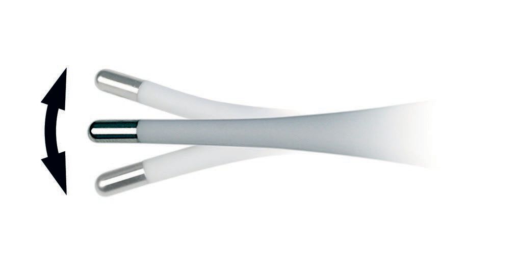 Punta del termometro grigia e argentata, con freccia che indica la flessibilità.