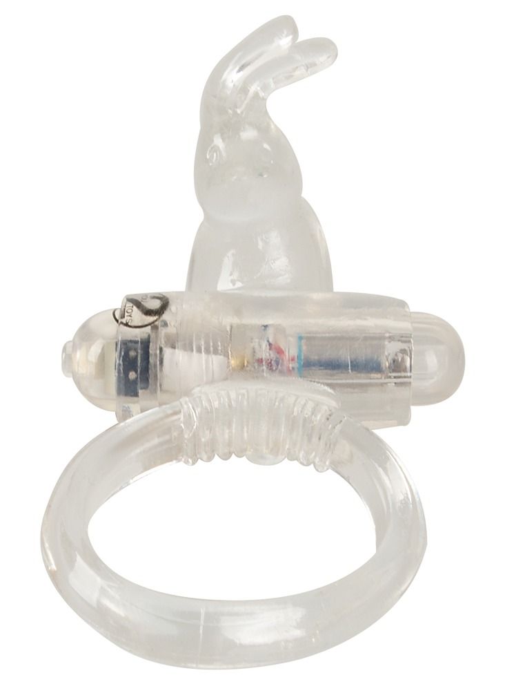 Anello penieno trasparente con stimolatore clitorideo a forma di coniglio. Anulare, con modulo di vibrazione.