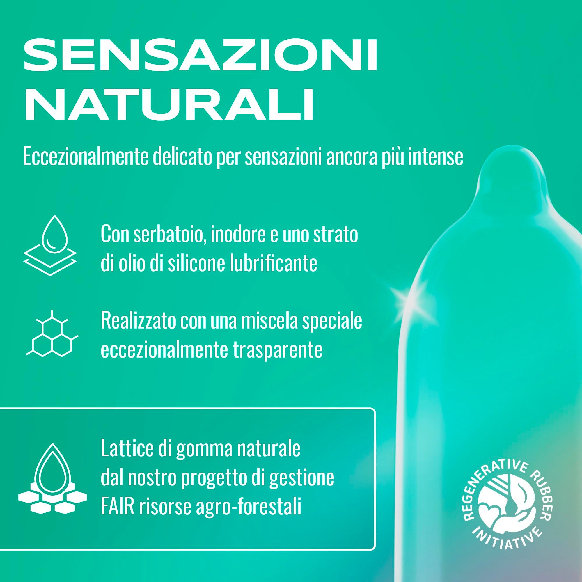 Confezione di preservativi ONsize con informazioni sulle sensazioni naturali e sul materiale.