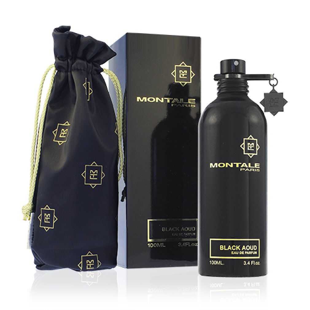 Flacone, scatola e sacchetto neri con logo MONTALE. BLACK AOUD, 3.4 Fl.oz.