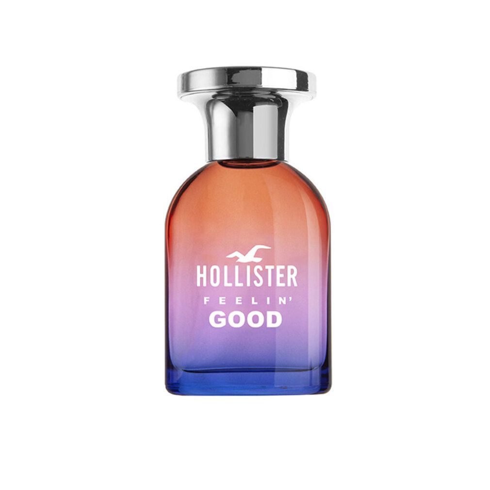 Flacone di profumo sfumato arancione-blu. Tappo argentato. Scritta: Hollister Feelin' Good.