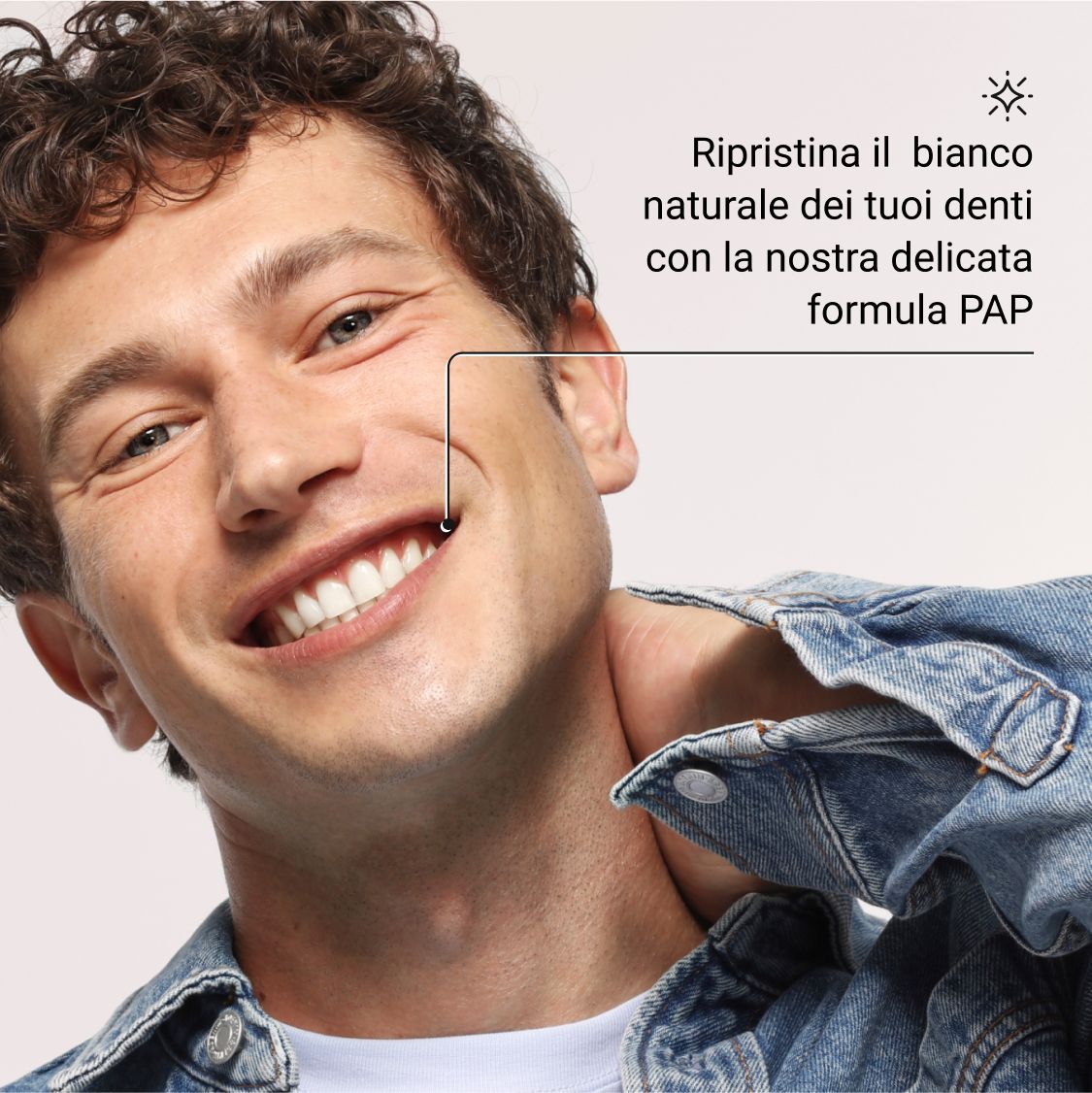 Uomo sorridente. Testo: Ripristina il bianco naturale dei tuoi denti con la nostra delicata formula PAP.