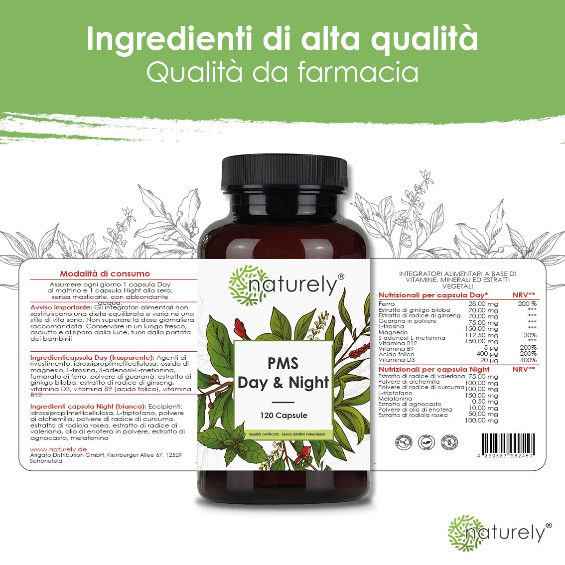 Flacone con etichetta aperta che mostra informazioni dettagliate e ingredienti.