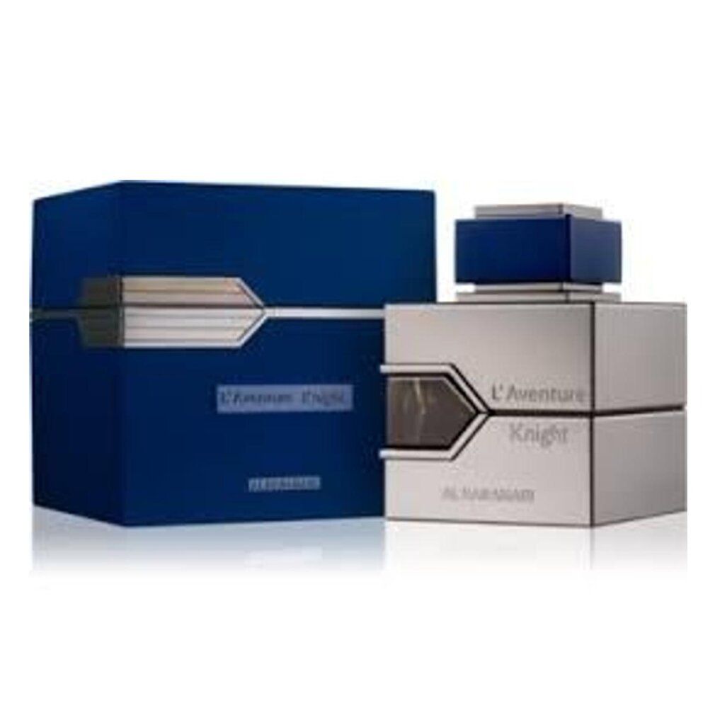 Flacone argento e scatola blu. Scritta: L'Aventure Knight, AL HARAMAIN. Forma rettangolare, dettagli argento.
