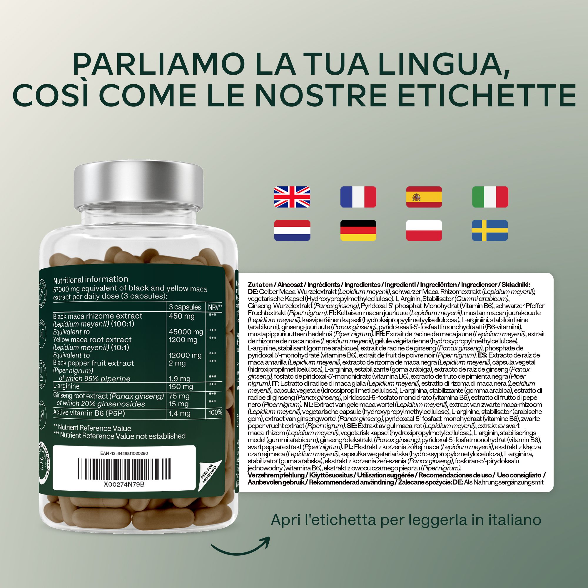 Tre capsule di Maca circondate da icone vegan, senza glutine, non OGM.