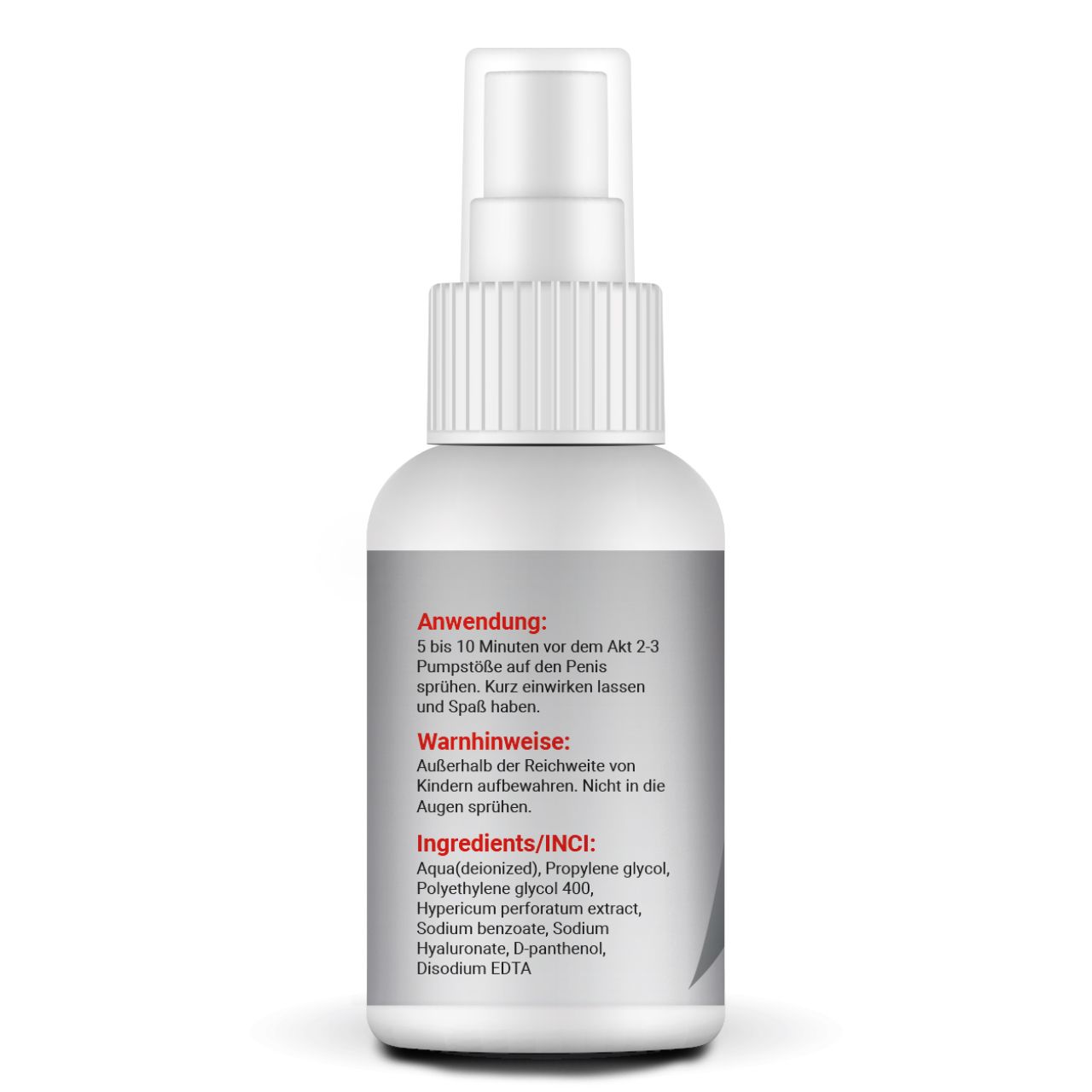 Retro di un flacone spray bianco. Testo: Istruzioni per l'uso, Avvertenze, Ingredienti/INCI. Contiene Aqua, Propylene Glycol, Polyethylene Glycol 400, etc.