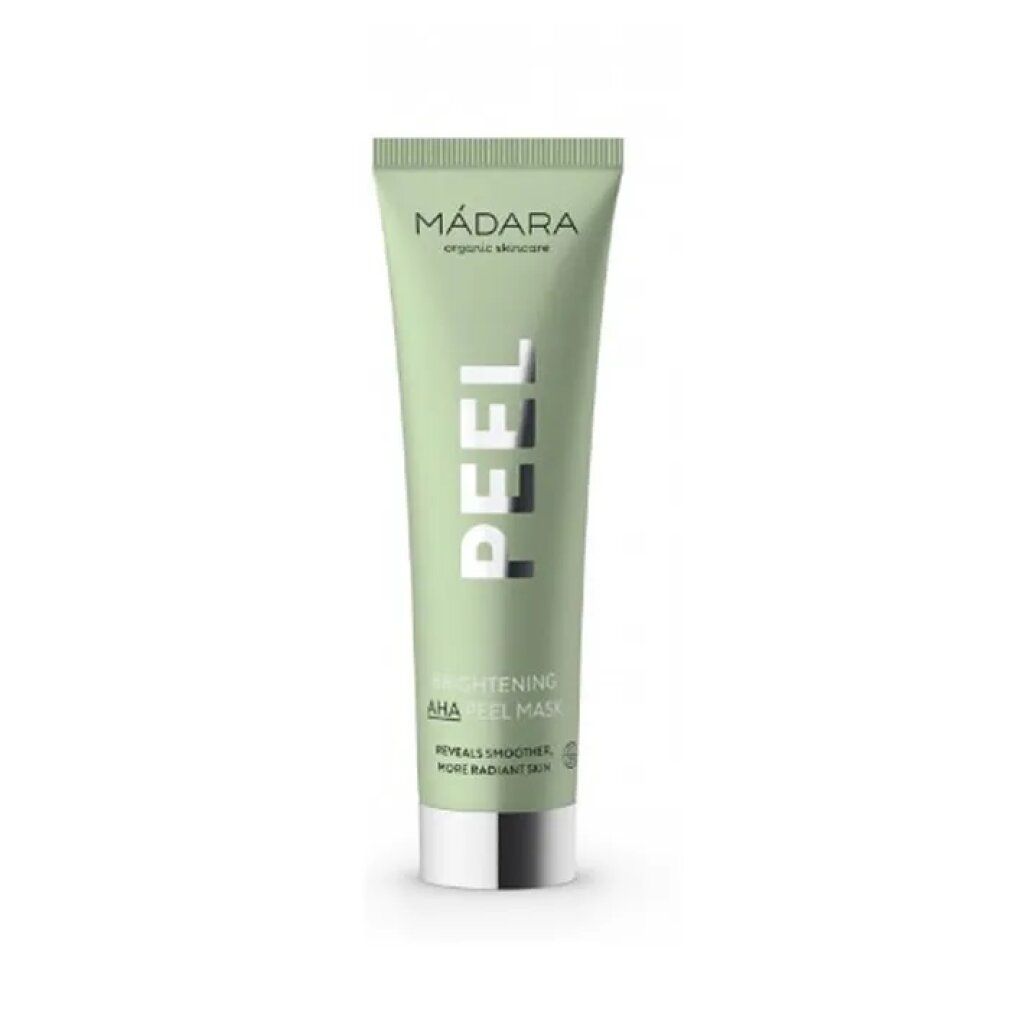 Tubo verde con scritta PEEL e Madara. AHA Peel Mask. Tappo argentato.