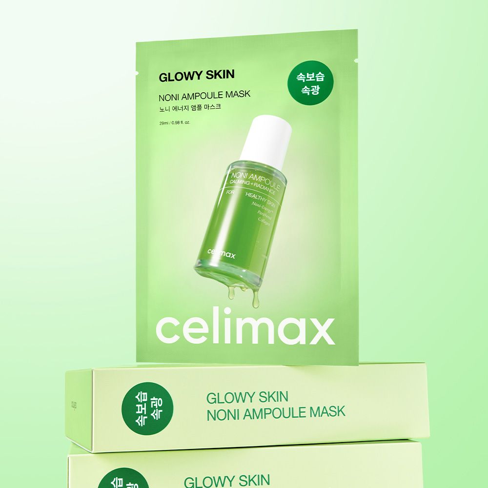 Celimax Noni Ampoule Mask bustina e scatole con flaconcino di siero.