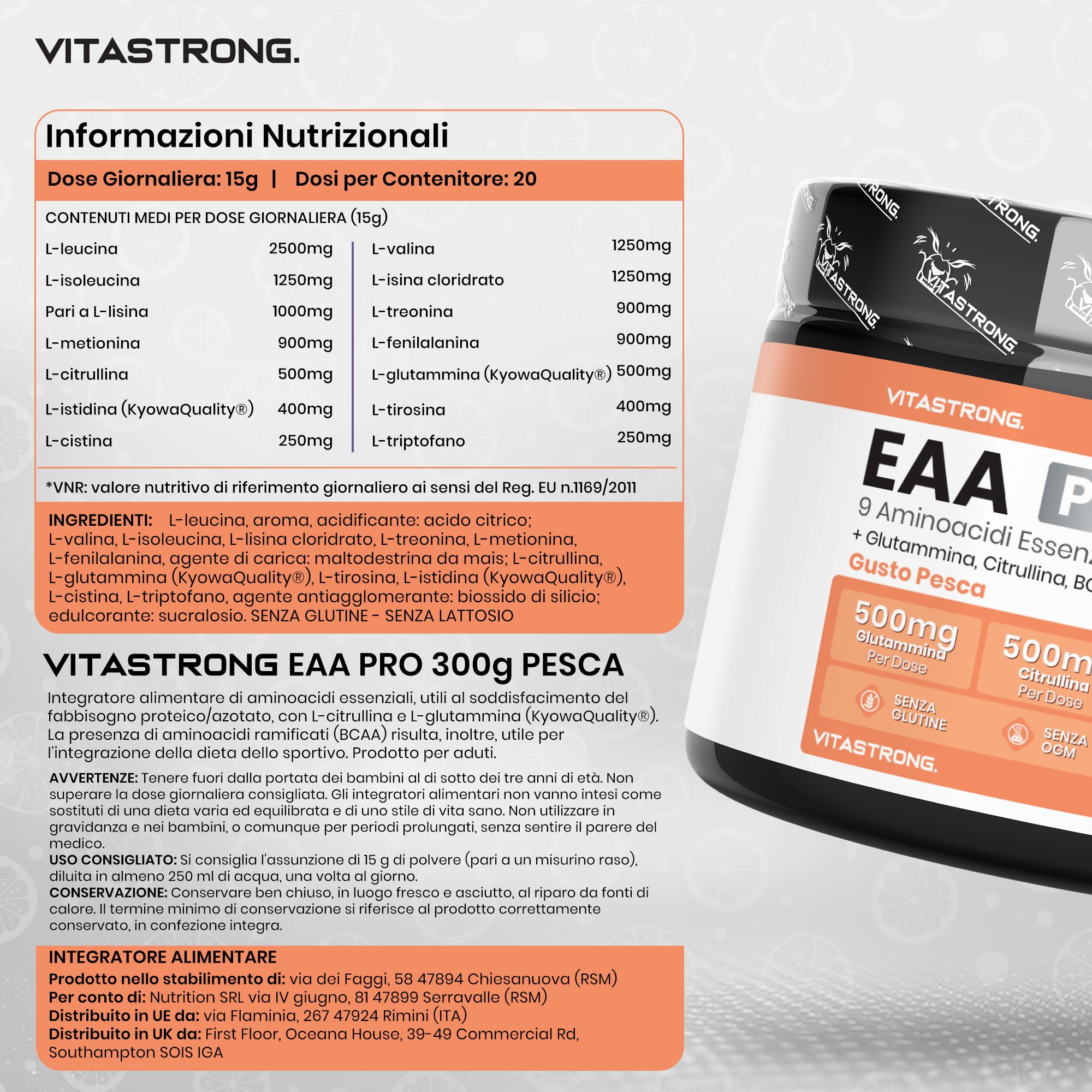 Vitastrong EAA Pro, barattolo. 9 aminoacidi, BCAA, glutammina. Gusto pesca. Informazioni nutrizionali e testo.