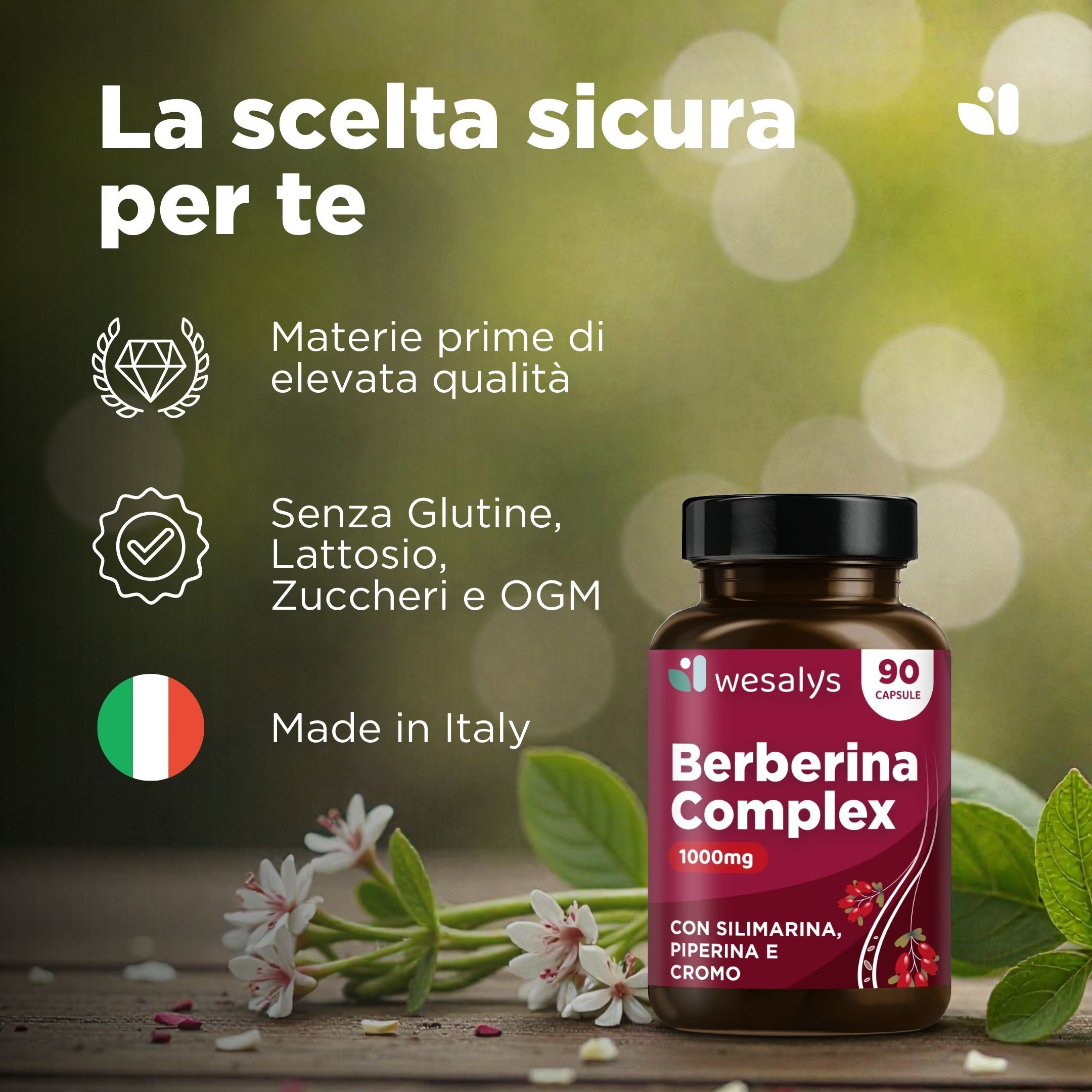 Flacone Berberina Complex. Scritta: Berberina Complex, 1000mg. Con Silimarina, Piperina e Cromo. Made in Italy. Senza glutine, lattosio, zuccheri e OGM.
