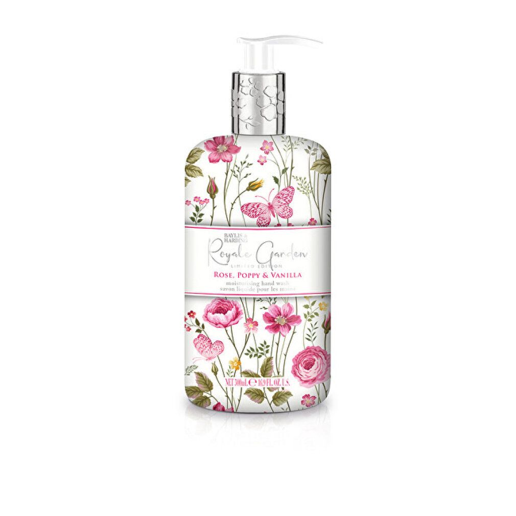 Flacone con motivo floreale e dosatore. Scritta: Royal Garden, Rose, Poppy & Vanilla. Identificazione del prodotto.