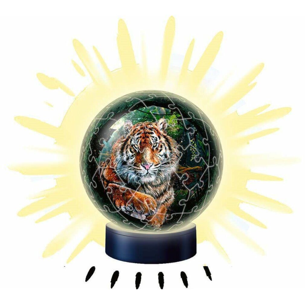Puzzleball luminoso con motivo tigre. 72 pezzi. Su base blu. Luce gialla intorno al globo.