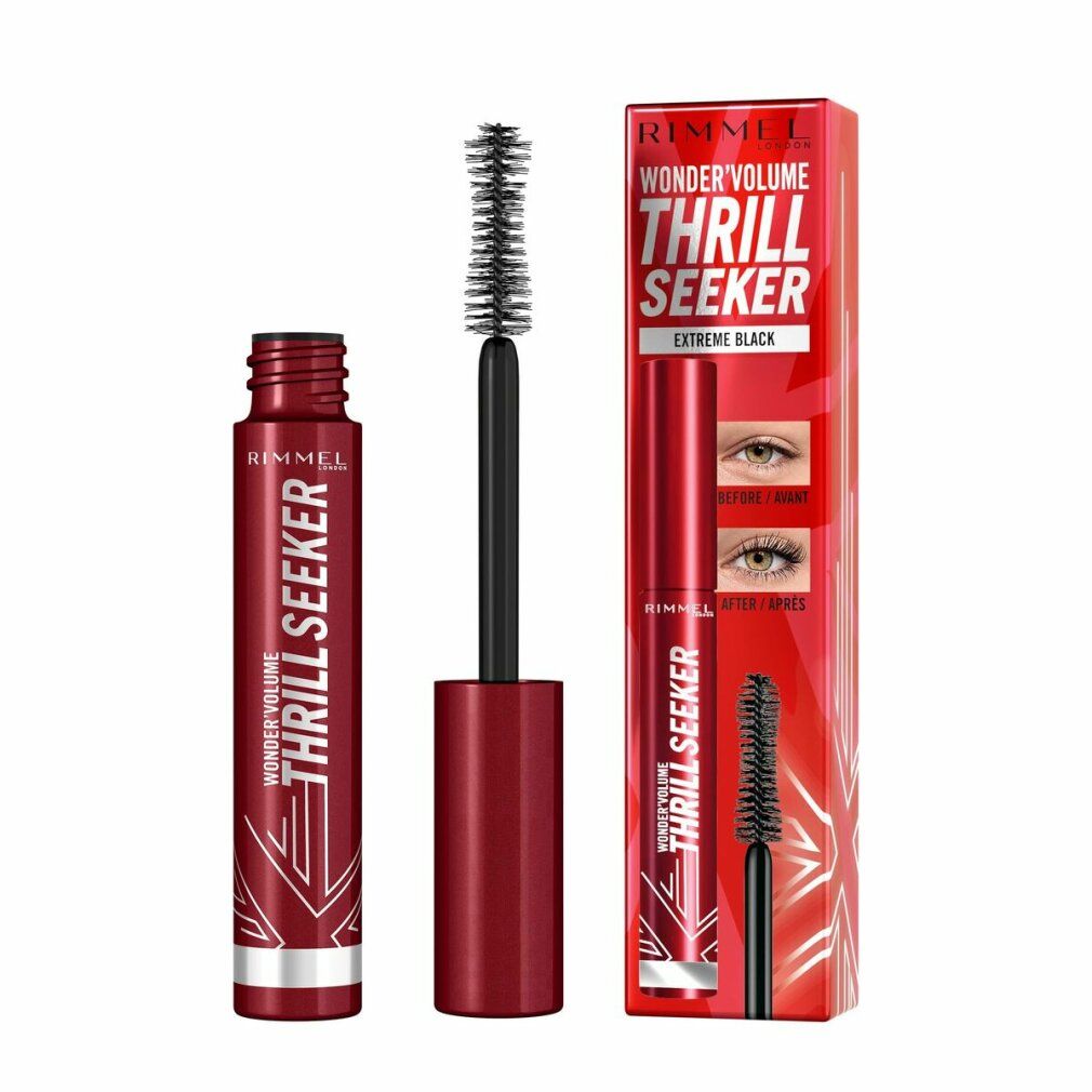 Mascara Rimmel London. Astuccio e confezione rossi. Scritta: Wonder Volume Thrill Seeker Extreme Black. Spazzola visibile.