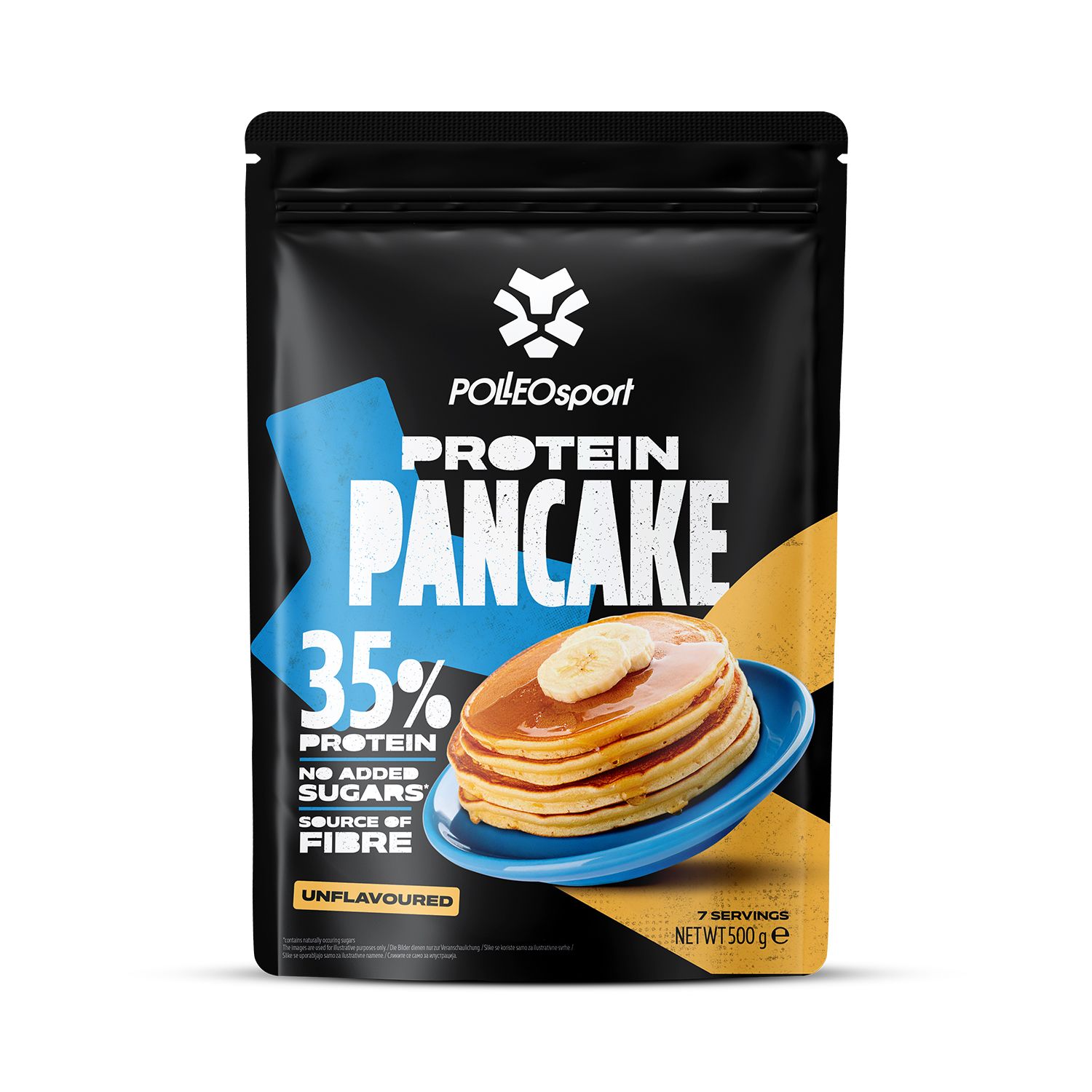 Mix per pancake proteici Polleo Sport. Confezione nera con testo: 35% proteine, senza zuccheri aggiunti, fonte di fibre, Unflavoured, 7 porzioni.