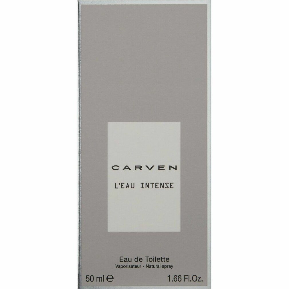 Confezione grigia con riquadro bianco. Scritta: CARVEN L'EAU INTENSE. In basso: Eau de Toilette, 50 ml, 1.66 Fl.Oz.