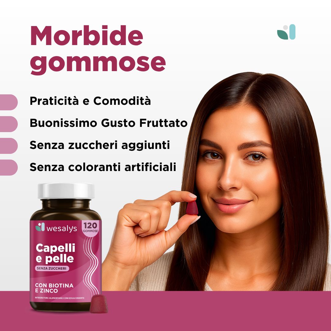 Donna con flacone WESALYS® Integratore Capelli e Pelle. Testo: Praticità e Comodità, Buono Gusto Fruttato, Senza zuccheri aggiunti. Sfondo: rosa.
