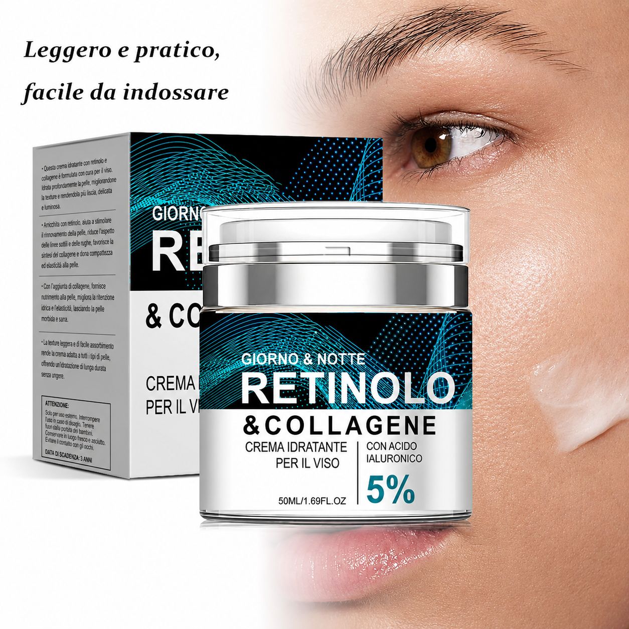 Crema viso Soleneva Retinolo & Collagene in un vasetto argentato con design blu.