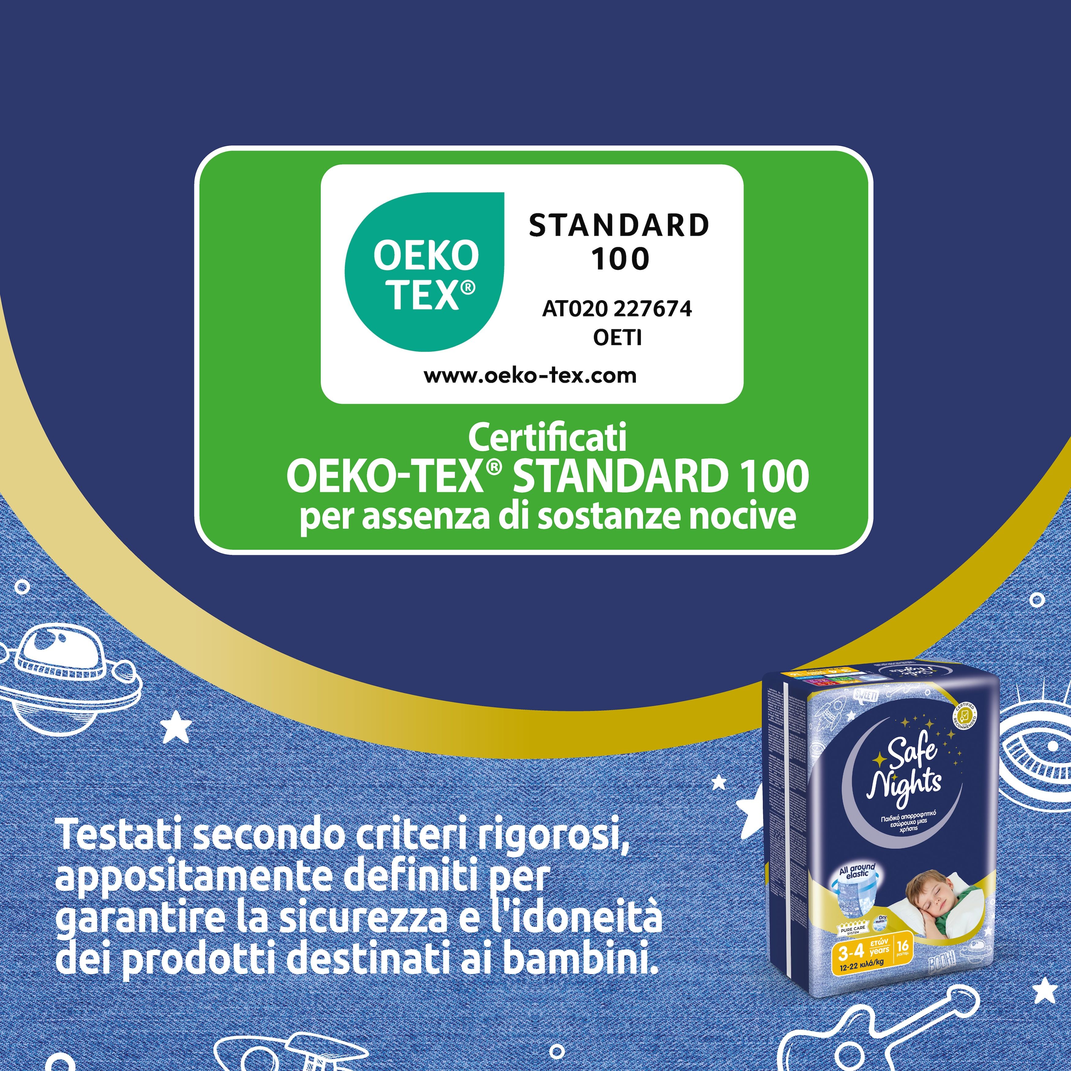 Certificato OEKO-TEX® STANDARD 100 per tessuti testati privi di sostanze nocive. Confezione di pannolini per bambini.