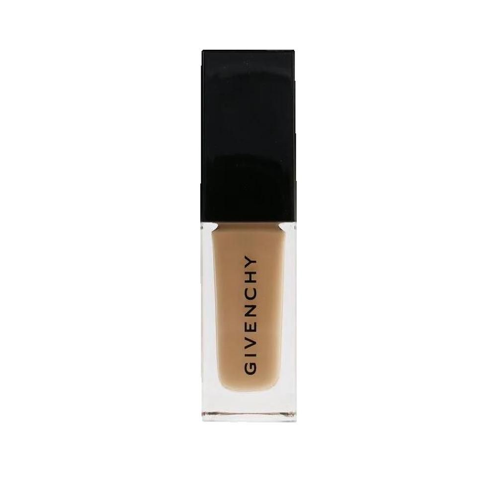 Flacone cosmetico con tappo nero. Contenitore trasparente con liquido beige. Scritta verticale "GIVENCHY".