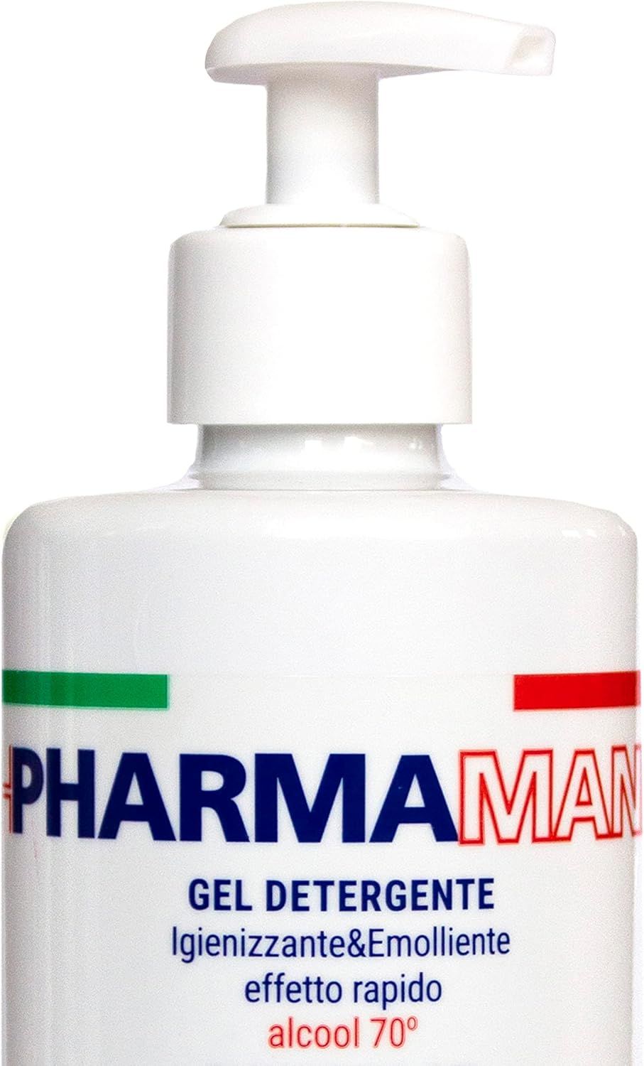 Primo piano di un flacone bianco con dosatore. Scritta PHARMAMANI, Gel Detergente, 70% alcool.