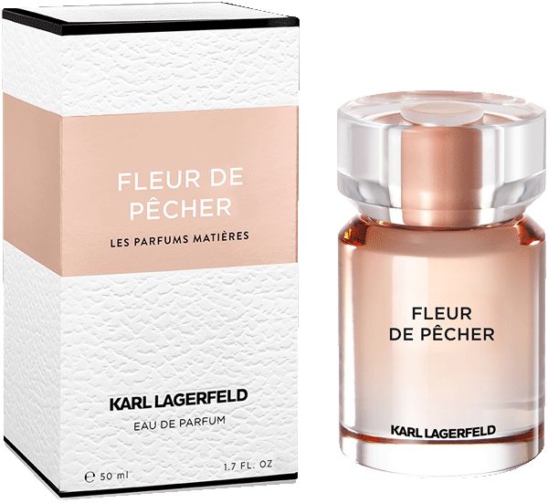 Flacone e confezione Fleur de Pêcher Eau de Parfum. Design bianco-rosa con testo. Logo Karl Lagerfeld.