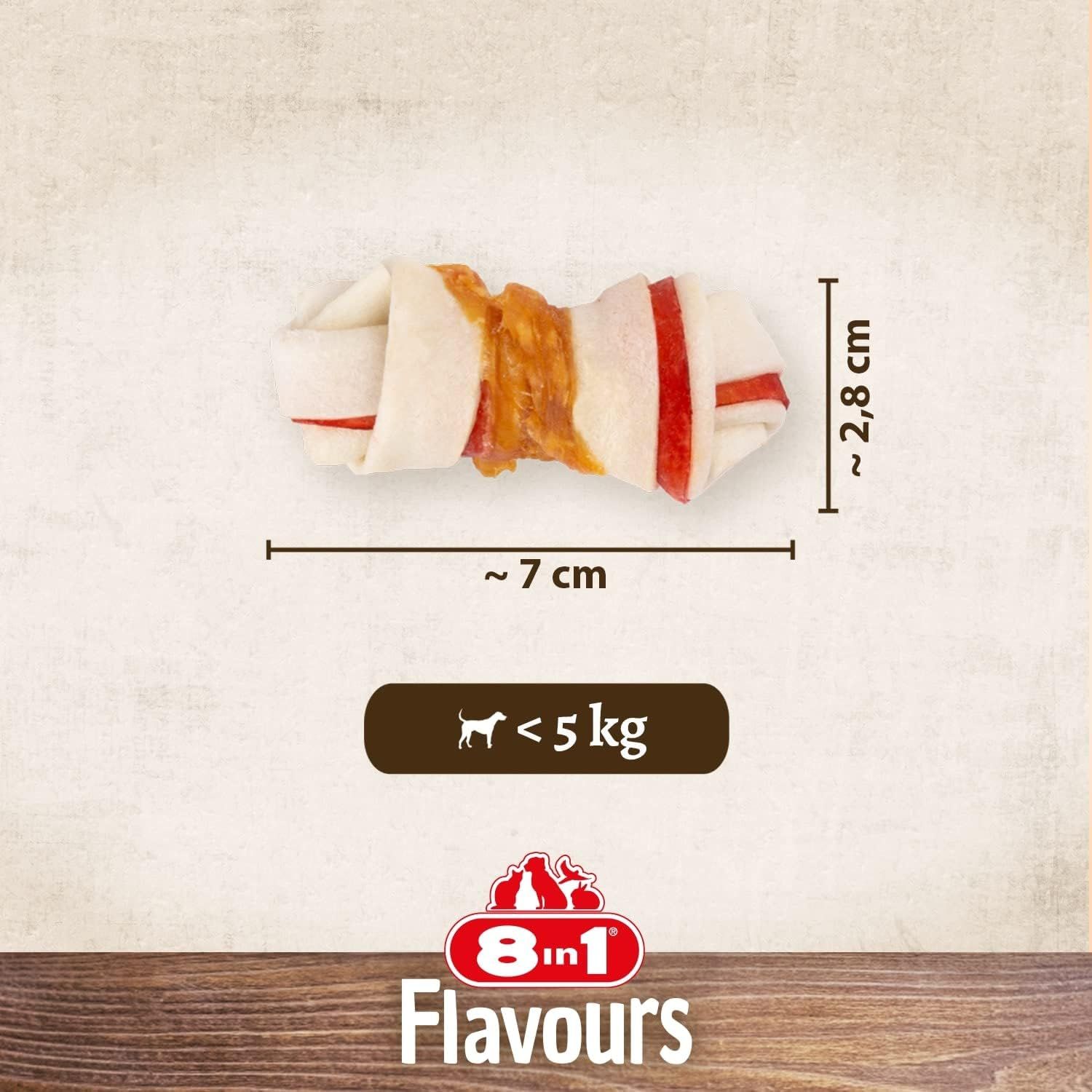 Un singolo snack masticabile XS, lungo circa 7 cm, largo 2,8 cm, per cani sotto i 5 kg.