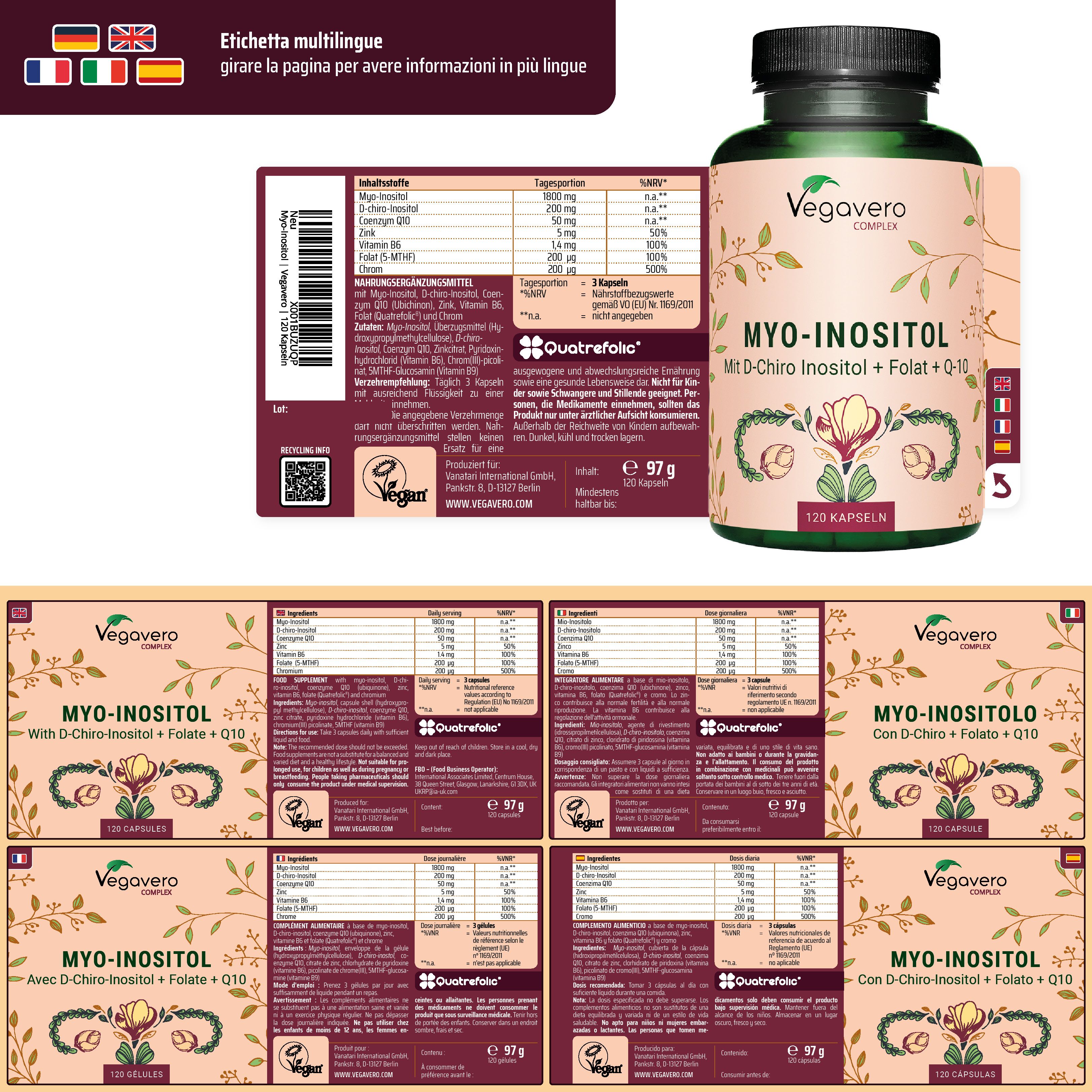 Etichetta multilingue e bottiglia con etichetta prodotto. Diverse etichette con informazioni sul prodotto. Marca: Vegavero.
