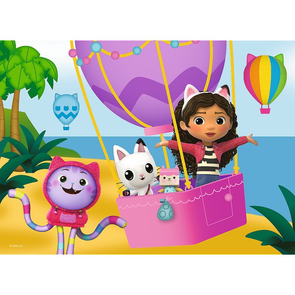 Puzzle con Gabby e personaggi di gatti in mongolfiera. Scene con alberi e altri palloncini sullo sfondo.