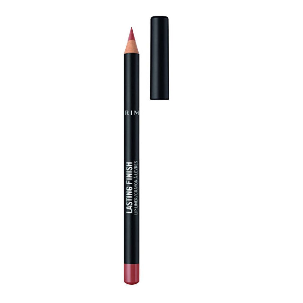 Matita labbra nude. Matita nera con cappuccio nero. Scritta: Lasting Finish Lip Liner. Marchio Rimmel.
