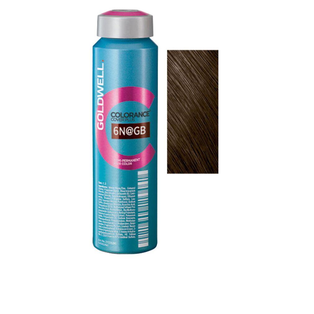 Flacone cilindrico con tappo e campione colore. Scritta: Goldwell Colorance 6N@gb. Turchese, rosa e bianco.