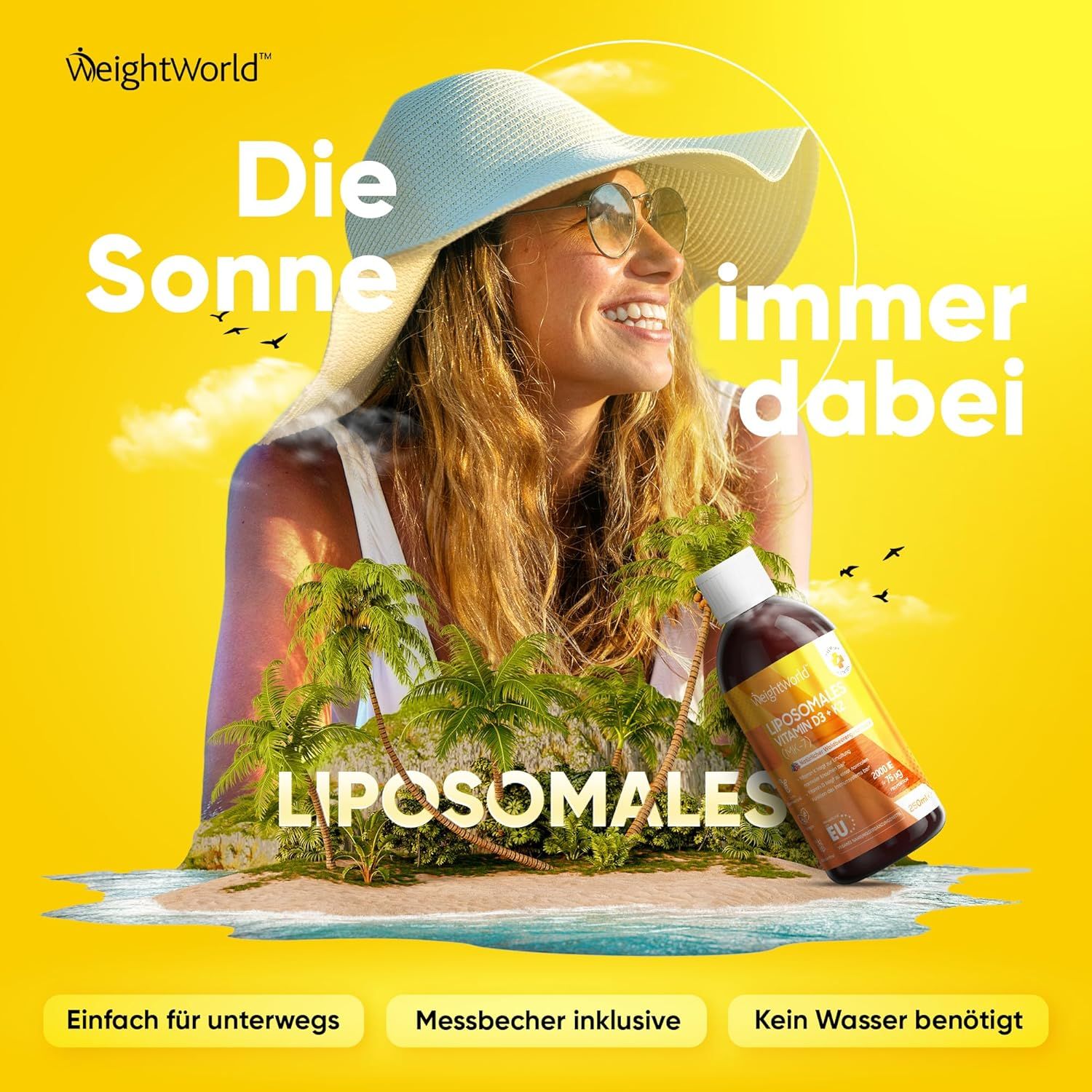 Donna con cappello e bottiglia. Testo: Liposomales, misurino incluso, facile da portare con sé, non serve acqua.