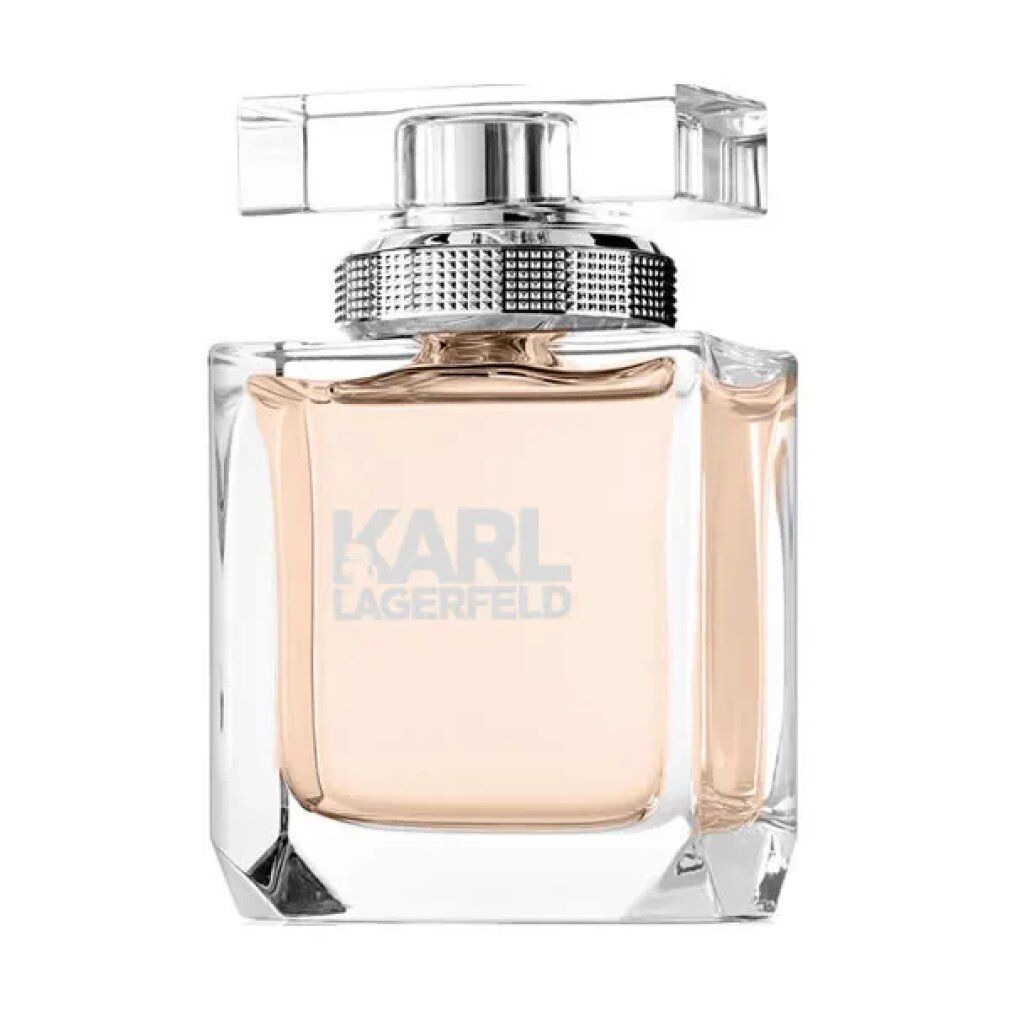 Spray Eau de Parfum. Flacone quadrato trasparente con tappo argentato. Testo: KARL LAGERFELD.